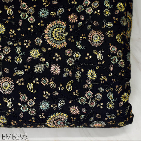 Indian Black Embroidered Dupioni Fabric by the Yard Black Sewing Crafting Wedding Dresses Costumes Bags Cushions Table Runners Upholstery