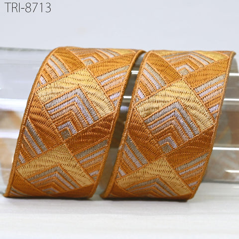 9 Yard Mustard 5cm Embroidery Ribbon Trims Saree Border Embroidered Embellish Costumes Crafting Sewing Beach Bags Tote Pouche Wall Hangings