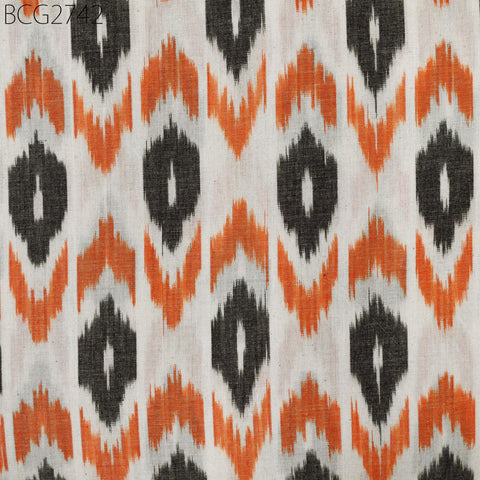 Handloom Indian Ikat Cotton Fabric: Orange, Black, Ivory 100 GSM (Sold by Yard)