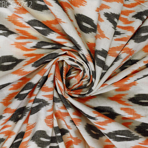 Handloom Indian Ikat Cotton Fabric: Orange, Black, Ivory 100 GSM (Sold by Yard)