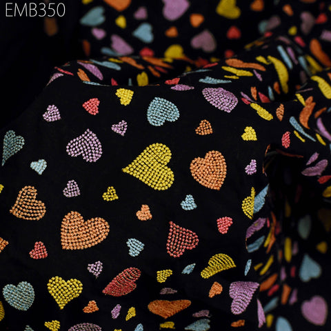 Black Embroidered Cotton Fabric by the Yard Indian Embroidery Sewing DIY Crafting Summer Women Kids Dresses Costumes Doll Bag Home Decor