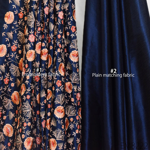 Indian Blue Embroidered Fabric by the yard Sewing DIY Crafting Embroidery Wedding Dresses Fabric Costumes Dolls Cushion Covers Table Runners