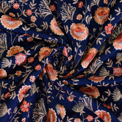 Indian Blue Embroidered Fabric by the yard Sewing DIY Crafting Embroidery Wedding Dresses Fabric Costumes Dolls Cushion Covers Table Runners