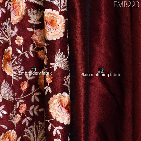 Indian Embroidered Fabric by the yard Sewing DIY Crafting Burgundy Embroidery Wedding Dresses Fabric Costumes Bags Cushion Table Runners