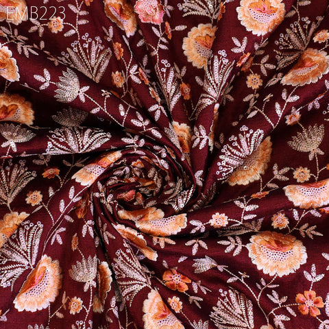 Indian Embroidered Fabric by the yard Sewing DIY Crafting Burgundy Embroidery Wedding Dresses Fabric Costumes Bags Cushion Table Runners