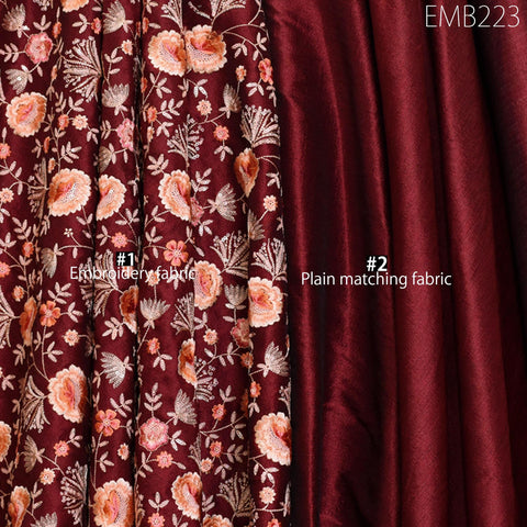 Indian Embroidered Fabric by the yard Sewing DIY Crafting Burgundy Embroidery Wedding Dresses Fabric Costumes Bags Cushion Table Runners