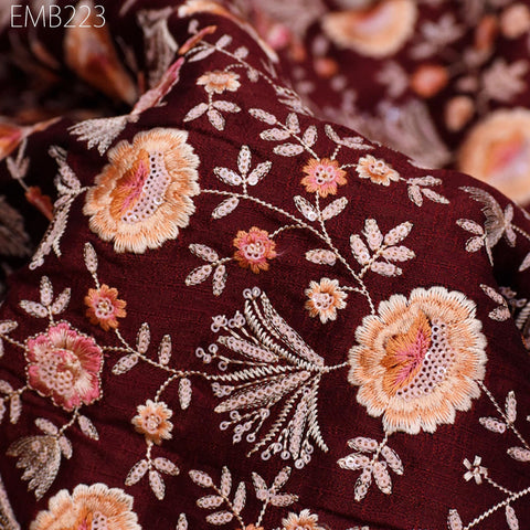 Indian Embroidered Fabric by the yard Sewing DIY Crafting Burgundy Embroidery Wedding Dresses Fabric Costumes Bags Cushion Table Runners