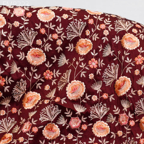 Indian Embroidered Fabric by the yard Sewing DIY Crafting Burgundy Embroidery Wedding Dresses Fabric Costumes Bags Cushion Table Runners