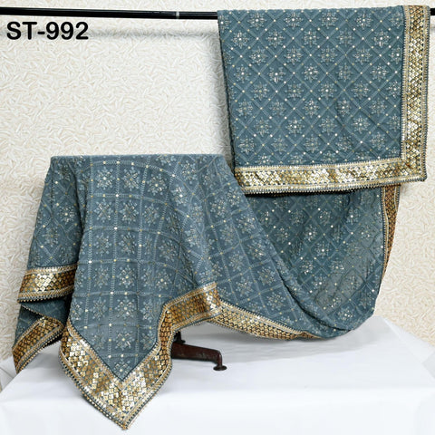 Grey Dupatta Chikankari Embroidered Georgette Stole | Gift for Women, Bridal Veil Lehenga Chunri, Festival, Ethnic Punjabi Dress 2.4 Yards