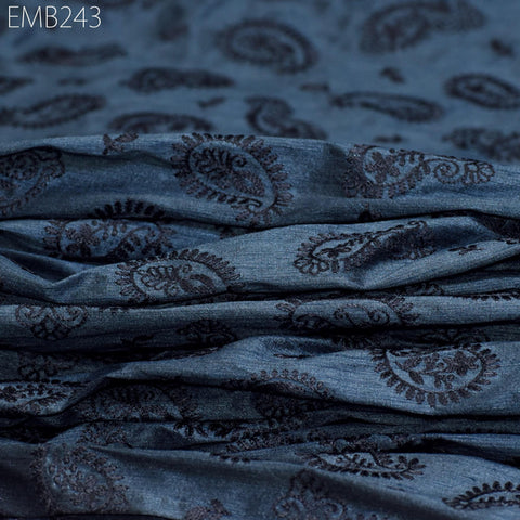 Indian Embroidered Paisley Grey Dupioni Fabric by the Yard Sewing Crafting Wedding Dresses Costumes Dolls Bags Cushion Covers Table Runners