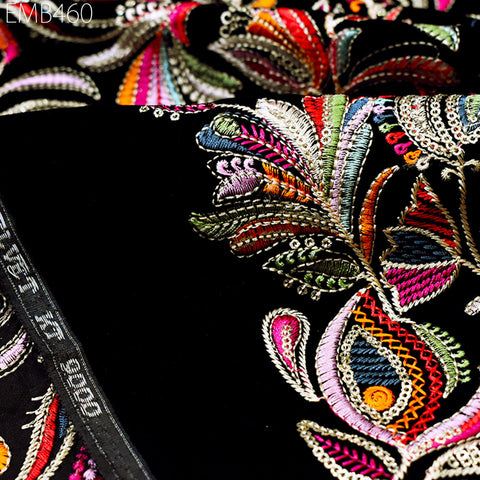 Black Indian Embroidered Velvet Fabric by the yard Sewing DIY Crafting Wedding Dress Costumes Doll Bags Cushion Covers Table Runner Quilting
