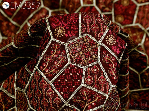 Indian Maroon Sequins Embroidery Fabric by the yard Sewing DIY Crafting Wedding Dresses Costumes Dolls Bags Cushion Covers Table Runners