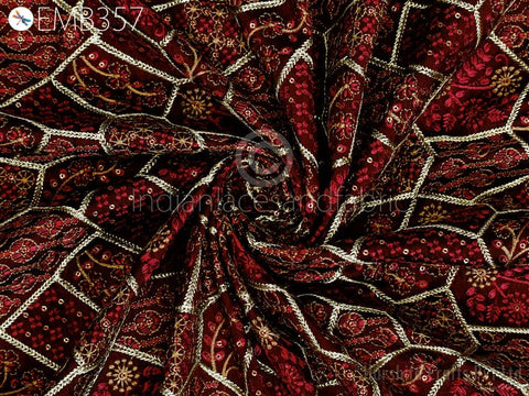 Indian Maroon Sequins Embroidery Fabric by the yard Sewing DIY Crafting Wedding Dresses Costumes Dolls Bags Cushion Covers Table Runners