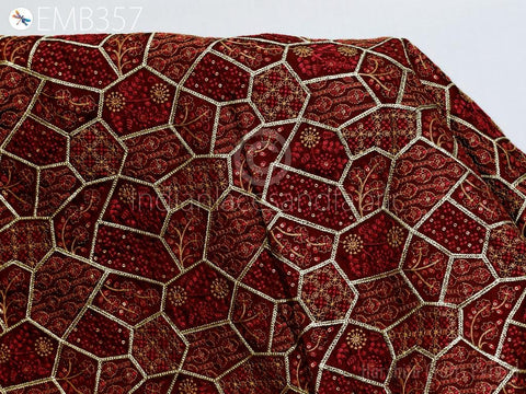 Indian Maroon Sequins Embroidery Fabric by the yard Sewing DIY Crafting Wedding Dresses Costumes Dolls Bags Cushion Covers Table Runners