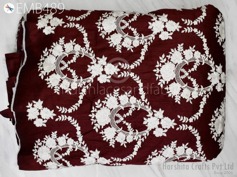 Indian Burgundy Embroidered by the yard Fabric Sewing DIY Crafting Embroidery Wedding Dresses Fabric Costumes Cushion Covers Table Runners