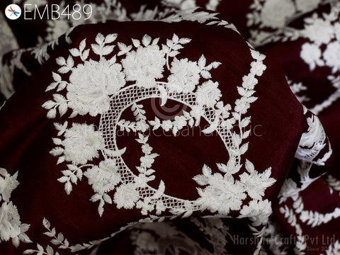 Indian Burgundy Embroidered by the yard Fabric Sewing DIY Crafting Embroidery Wedding Dresses Fabric Costumes Cushion Covers Table Runners
