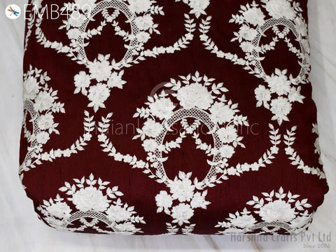 Indian Burgundy Embroidered by the yard Fabric Sewing DIY Crafting Embroidery Wedding Dresses Fabric Costumes Cushion Covers Table Runners