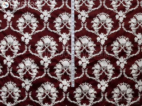 Indian Burgundy Embroidered by the yard Fabric Sewing DIY Crafting Embroidery Wedding Dresses Fabric Costumes Cushion Covers Table Runners