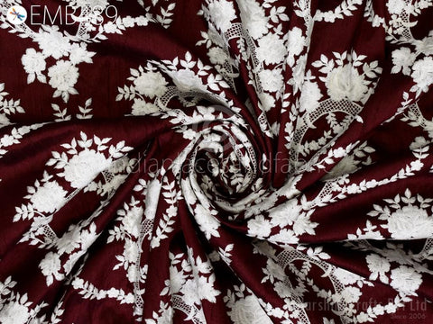 Indian Burgundy Embroidered by the yard Fabric Sewing DIY Crafting Embroidery Wedding Dresses Fabric Costumes Cushion Covers Table Runners