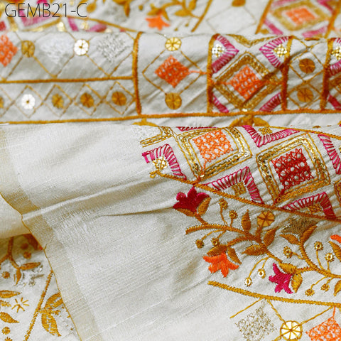 Beige Indian Embroidered Fabric by the yard Sewing Crafting Black Geometric Embroidery Wedding Dress Costumes Waistcoat Bags Cushion Covers