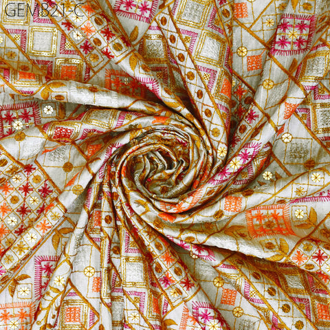 Beige Indian Embroidered Fabric by the yard Sewing Crafting Black Geometric Embroidery Wedding Dress Costumes Waistcoat Bags Cushion Covers