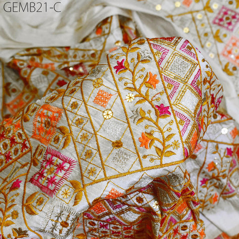 Beige Indian Embroidered Fabric by the yard Sewing Crafting Black Geometric Embroidery Wedding Dress Costumes Waistcoat Bags Cushion Covers
