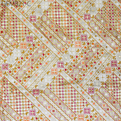 Beige Indian Embroidered Fabric by the yard Sewing Crafting Black Geometric Embroidery Wedding Dress Costumes Waistcoat Bags Cushion Covers