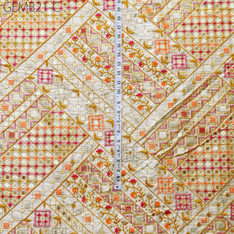 Beige Indian Embroidered Fabric by the yard Sewing Crafting Black Geometric Embroidery Wedding Dress Costumes Waistcoat Bags Cushion Covers