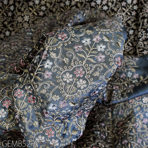 Grey Embroidered Fabric by the yard Sewing DIY Crafting Indian Embroidery Wedding Dresses Costumes Dolls Bags Cushions Table Runners Blouses