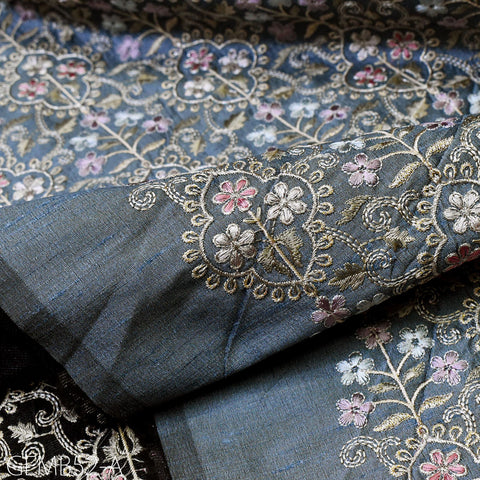 Grey Embroidered Fabric by the yard Sewing DIY Crafting Indian Embroidery Wedding Dresses Costumes Dolls Bags Cushions Table Runners Blouses