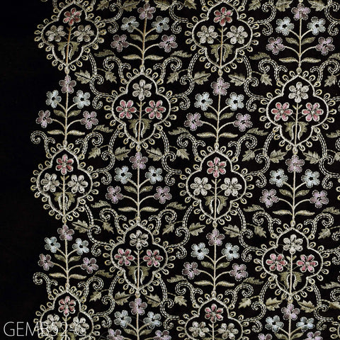 Indian Black Embroidered Fabric by the yard Sewing DIY Crafting Wedding Dress Embroidery Costumes Curtains Cushions Table Runners Blouses