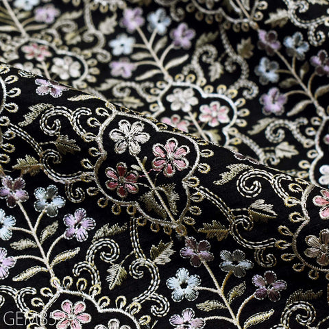 Indian Black Embroidered Fabric by the yard Sewing DIY Crafting Wedding Dress Embroidery Costumes Curtains Cushions Table Runners Blouses
