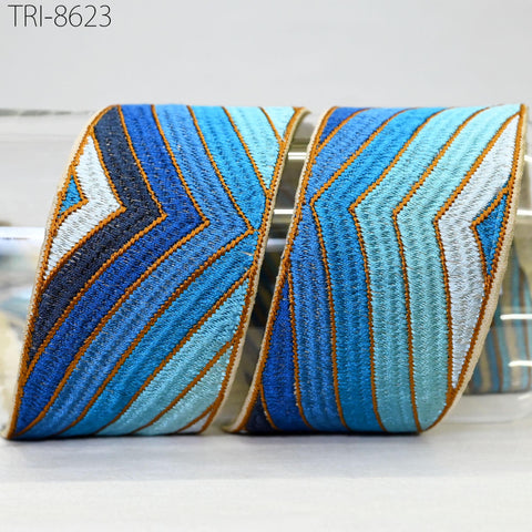 9 Yard Blue 5cm Embroidery Trim Ribbon Indian Sari Border Crafting Sewing Embroidered Costumes Tablecloth Lampshades making Home Decor Trim