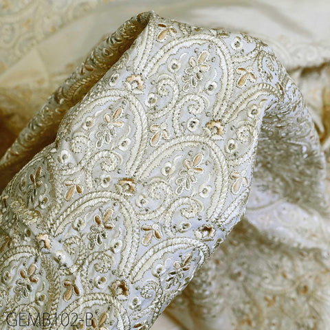 Ivory Embroidered Fabric by the yard Sewing DIY Crafting Indian Embroidery Wedding Dresses Costumes Dolls Bags Cushion Covers Table Runners