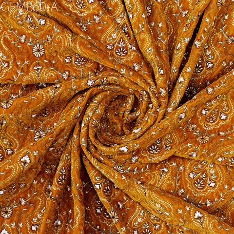 Mustard Indian Embroidered Velvet Fabric by the yard Dresses Making Sewing DIY Crafting Wedding Costumes Blazers Bags Table Runner Quilting