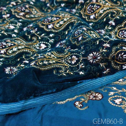 Teal Blue Embroidered Velvet Fabric by the yard Indian Embroidery Wedding Dresses Making Sewing DIY Crafting Costumes Blazers Bags Quilting