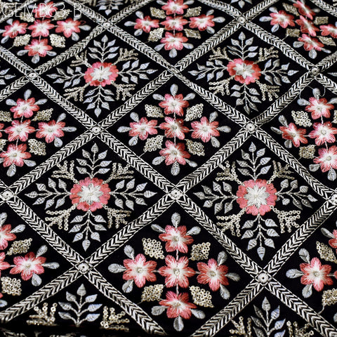 Black Embroidered Fabric by the yard Sewing DIY Crafting Indian Embroidery Wedding Dress Costumes Dolls Bags Cushion Covers Table Runners