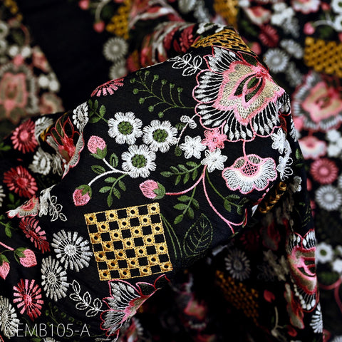 Black Embroidered Fabric by the yard Sewing DIY Crafting Indian Embroidery Wedding Dress Costumes Dolls Cushion Covers Table Runner Blouses