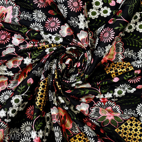Black Embroidered Fabric by the yard Sewing DIY Crafting Indian Embroidery Wedding Dress Costumes Dolls Cushion Covers Table Runner Blouses