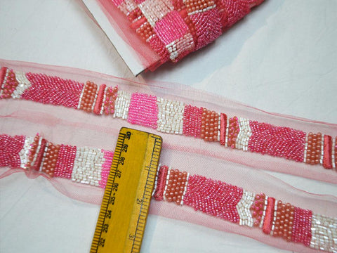 9 Yards Pink Beaded Trim | Decorative Wedding Dress Ribbon Bridal Belt Sashes Lace Indian Handmade Sari Border DIY Dress Craft Sewing Blouse