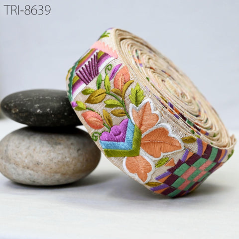 9 Yard Orange Embroidery 5 CM Trim Ribbon Indian Sari Border Embroidered Sewing Accessories, Embellishment for Dresses making Home Decor