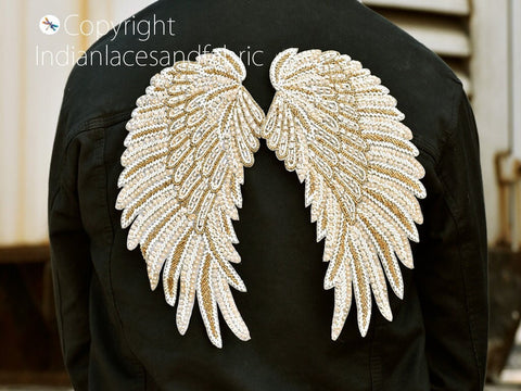 Beaded Angle Wings Appliques Sequin Zardozi Gold Applique Embroidered Sewing Wedding Dress Beaded Patches