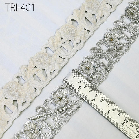 3 Yard Handmade Silver Zardozi Trim Indian Sari Border Wedding Bridal Belt Sash Saree Embroidered Zari Decorative Handcrafted Trimmings