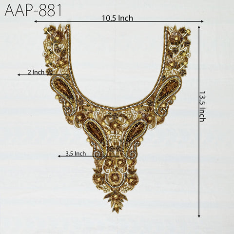 1 Pieces Handcrafted Zardosi gold neckline patch (14″ × 10″) with bead and sequin embellishments, ideal for bridal wear.