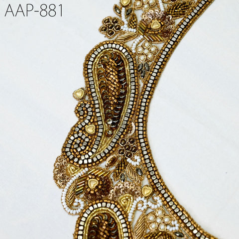 1 Pieces Handmade Decorative Patches Zardosi gold neckline appliqué showcasing bead and sequin embroidery.