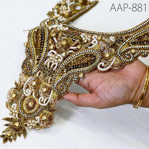 1 Pieces Handmade Decorative Patches Handmade Zardosi gold neckline patch measuring 14″ × 10″, featuring bead and sequin embroidery.