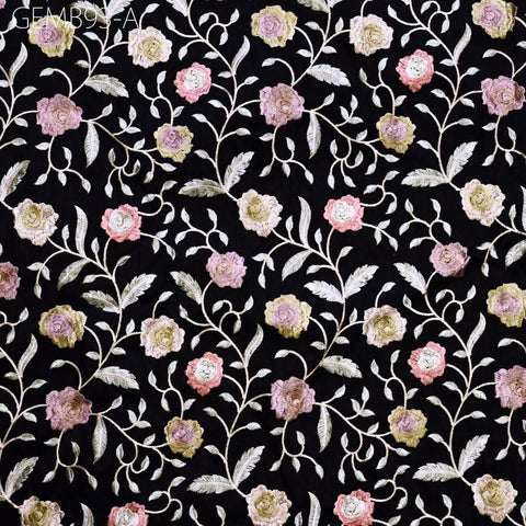 Black Embroidered Fabric by the yard Sewing DIY Crafting Indian Embroidery Wedding Dress Costumes Dolls Cushion Covers Table Runner Blouses