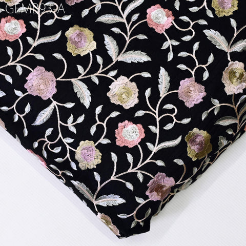 Black Embroidered Fabric by the yard Sewing DIY Crafting Indian Embroidery Wedding Dress Costumes Dolls Cushion Covers Table Runner Blouses