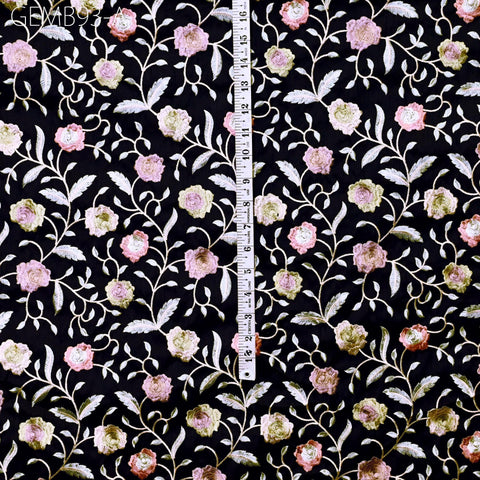 Black Embroidered Fabric by the yard Sewing DIY Crafting Indian Embroidery Wedding Dress Costumes Dolls Cushion Covers Table Runner Blouses