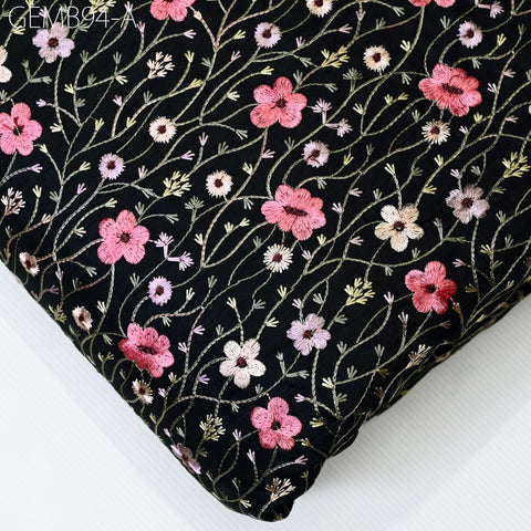 Indian Black Embroidered Fabric by the yard Sewing DIY Crafting Embroidery Wedding Dress Costumes Dolls Bags Cushions Table Runners Blouses